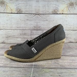 Toms Womens Wedge Heels Size 9.5 Gray Canvas Peep Toe Slip On Classic